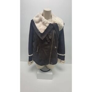 GUESS Jacket Full Zip Closure, Faux Leather & Fur, Size S Brown & White